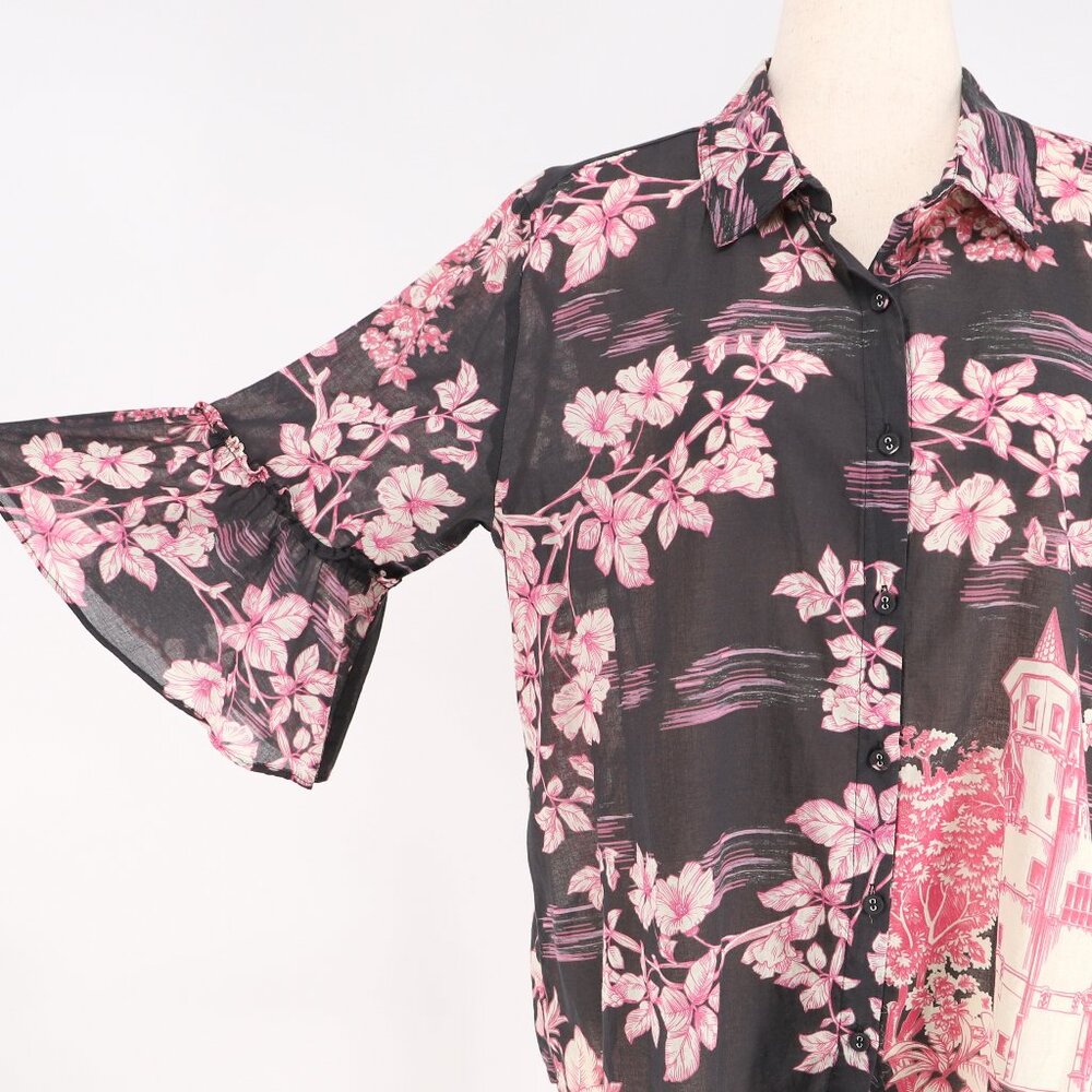 JOHNNY WAS House on the Hill Ruffle Sleeve Blouse Pink/Black Size L - Picture 5 of 13